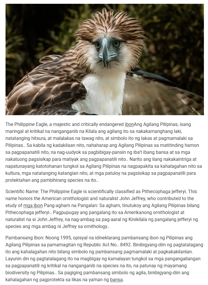 Philippine Eagle article with Tagalog translations by Hari