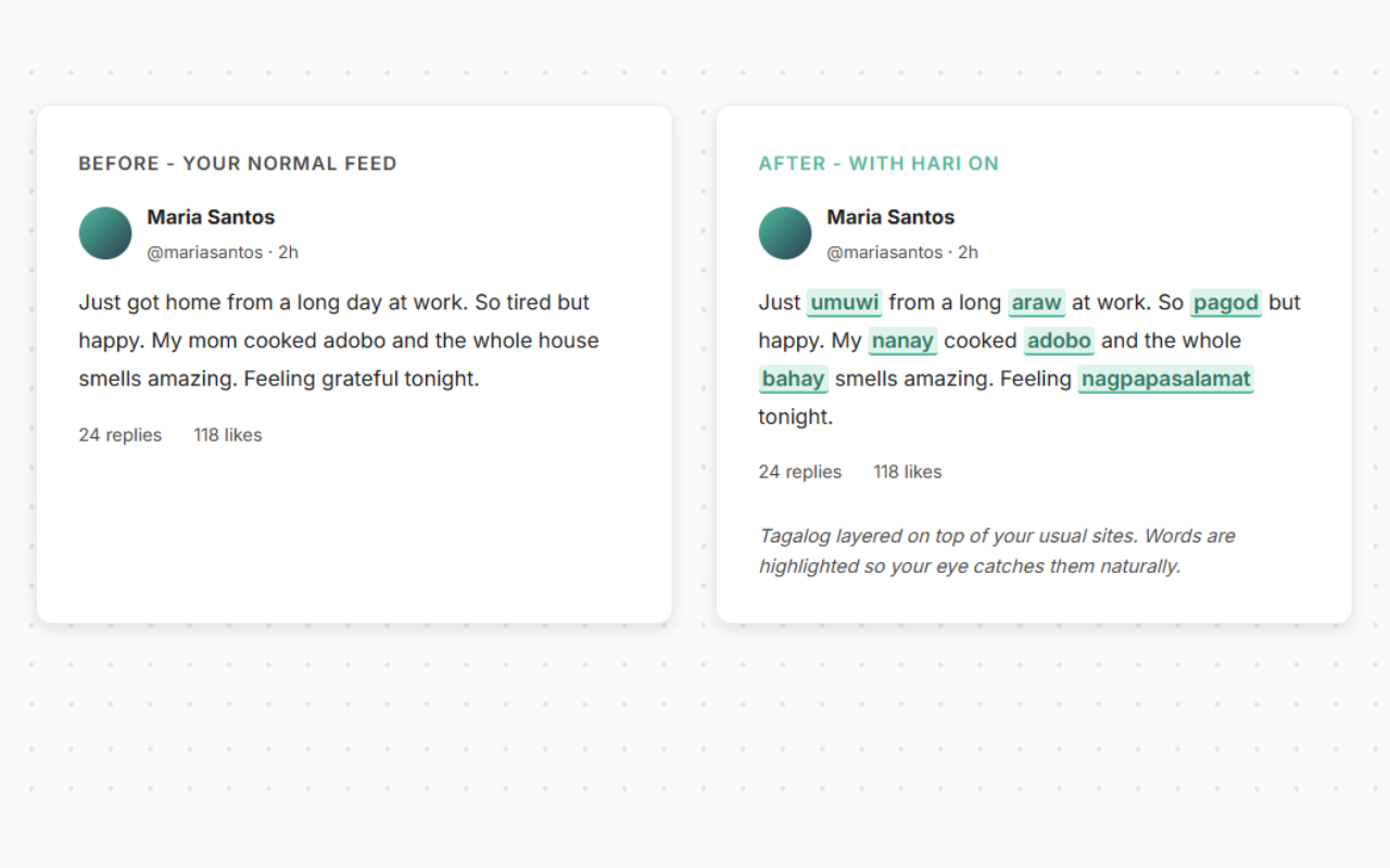 Social feed with Tagalog words layered in by Hari
